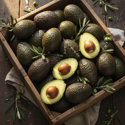 Overhead view of a wooden crate filled with fresh, ripe Hass avocados and olive branches