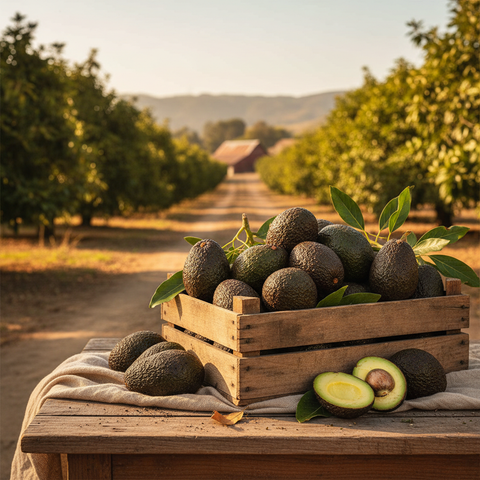 A wooden crate filled with fresh, green Hass avocados bathed in warm sunlight.