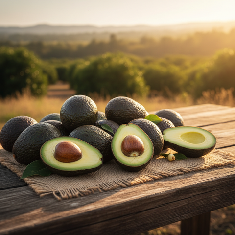 Fresh Hass avocados artfully arranged on a rustic wooden table in warm sunlight