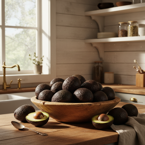 A rustic bowl filled with fresh green avocados sits on a warm kitchen counter.