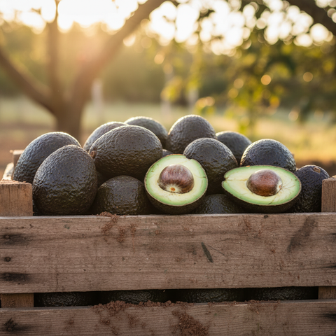 A rustic crate filled with fresh, ripe Hass avocados bathed in warm golden hour light