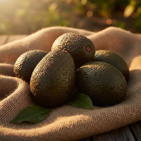 Close-up of fresh, ripe avocados in burlap, bathed in warm sunlight.