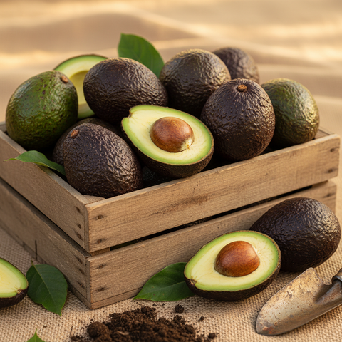 Ripe avocados in a wooden crate, bathed in warm sunlight, conveying freshness and quality.
