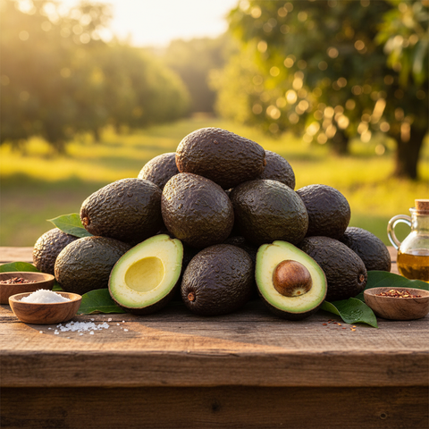 Ripe Hass avocados artfully arranged on a rustic wooden table bathed in golden hour light.