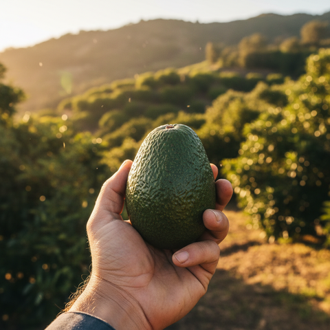 A hand holds a ripe avocado in a sunlit orchard, showcasing freshness and natural beauty.
