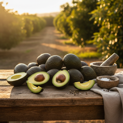 Freshly picked Hass avocados artfully arranged on a rustic wooden table bathed in golden sunlight