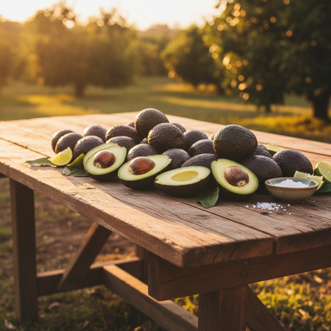 Sun-kissed Hass avocados artfully arranged on a rustic wooden table, bathed in golden hour light.