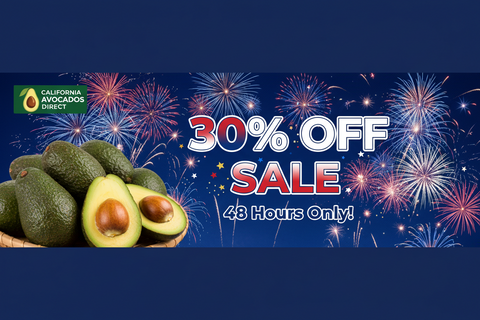 30% off avocado sale with fireworks, fresh California avocados in basket, limited 48-hour offer