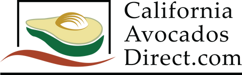 California Avocados Direct logo with sliced avocado illustration and green, brown waves