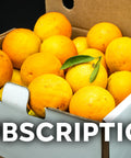 Fresh citrus oranges in a box with subscription text overlay