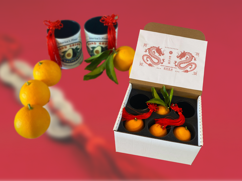 Lunar New Year Orange and Cups Box - 6 Oranges and 2 Tea Mugs with Red Knot Tassels