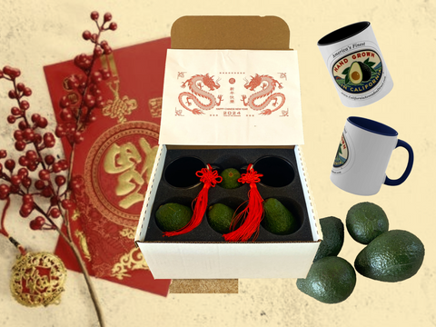 Lunar New Year CA Avocado/Tea Mug Box - 4 Avocados and 2 Tea Mugs with Red Knot Tassels