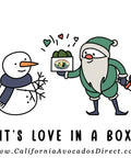 Santa giving avocado gift box to snowman — 'It's Love in a Box' holiday promo