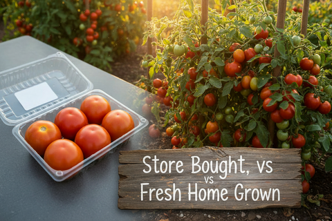 photo of tomatoes from the store and garden growing tomatoes