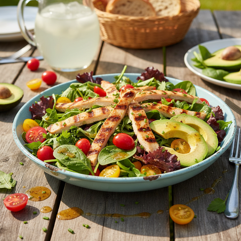 Vibrant summer salad with fresh greens, tomatoes, chicken, and creamy Reed avocado slices.